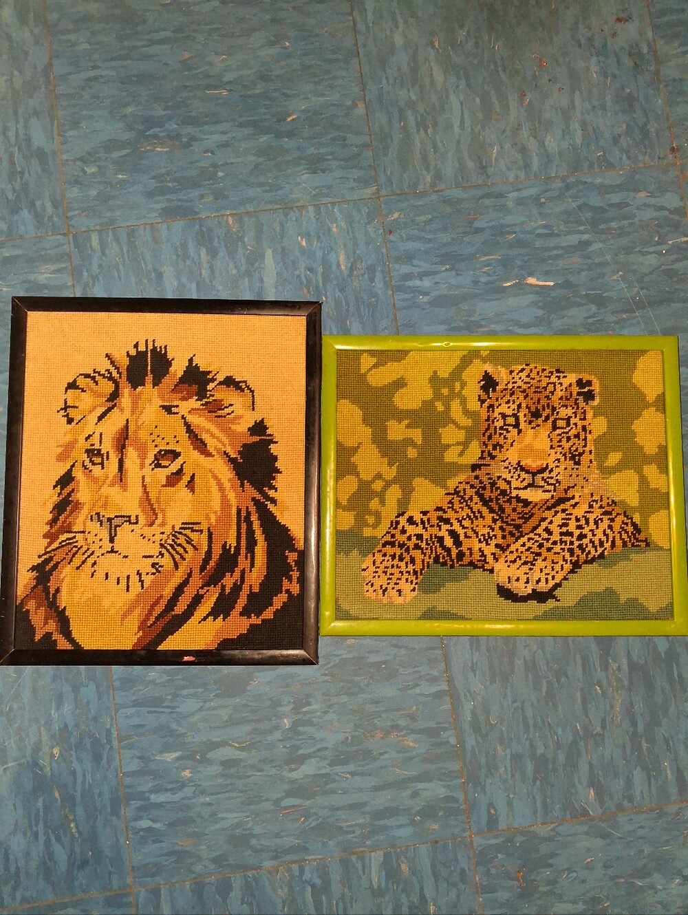2 VINTAGE FRAMED NEEDLEPOINT ART OF LION AND LEOPARD. SIZE 13 BY11 BY 1.5.